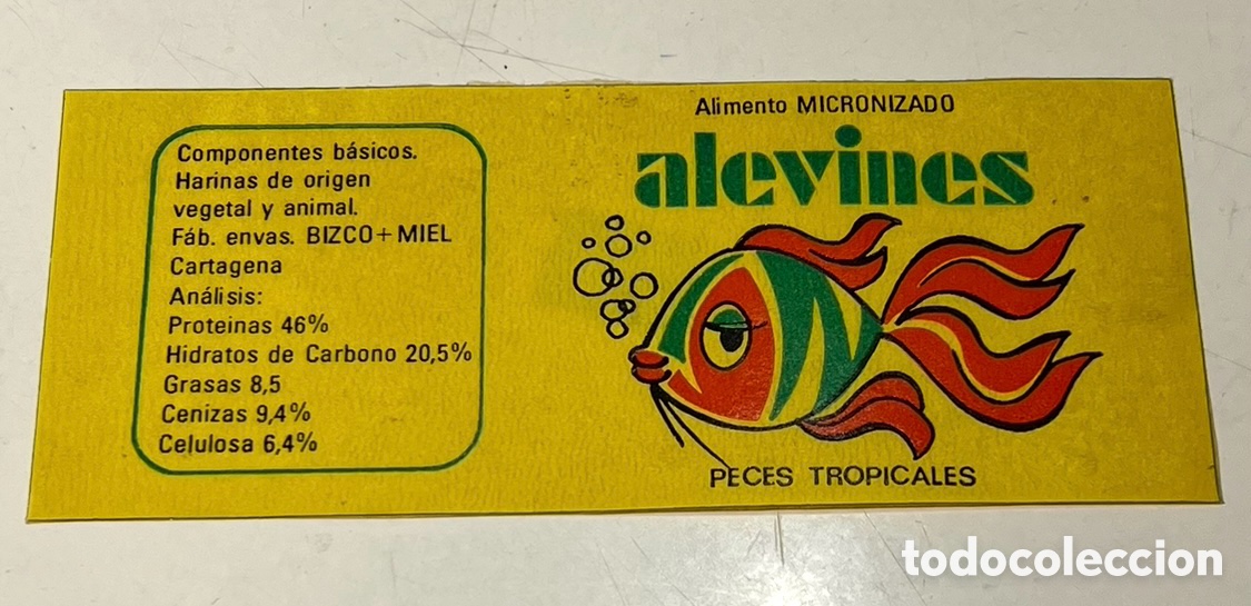 Pegatinas de colecci&oacute;n: Pegatina. Alevines. Alimento Micronizado. Peces Tropicales. A&ntilde;os 70.
