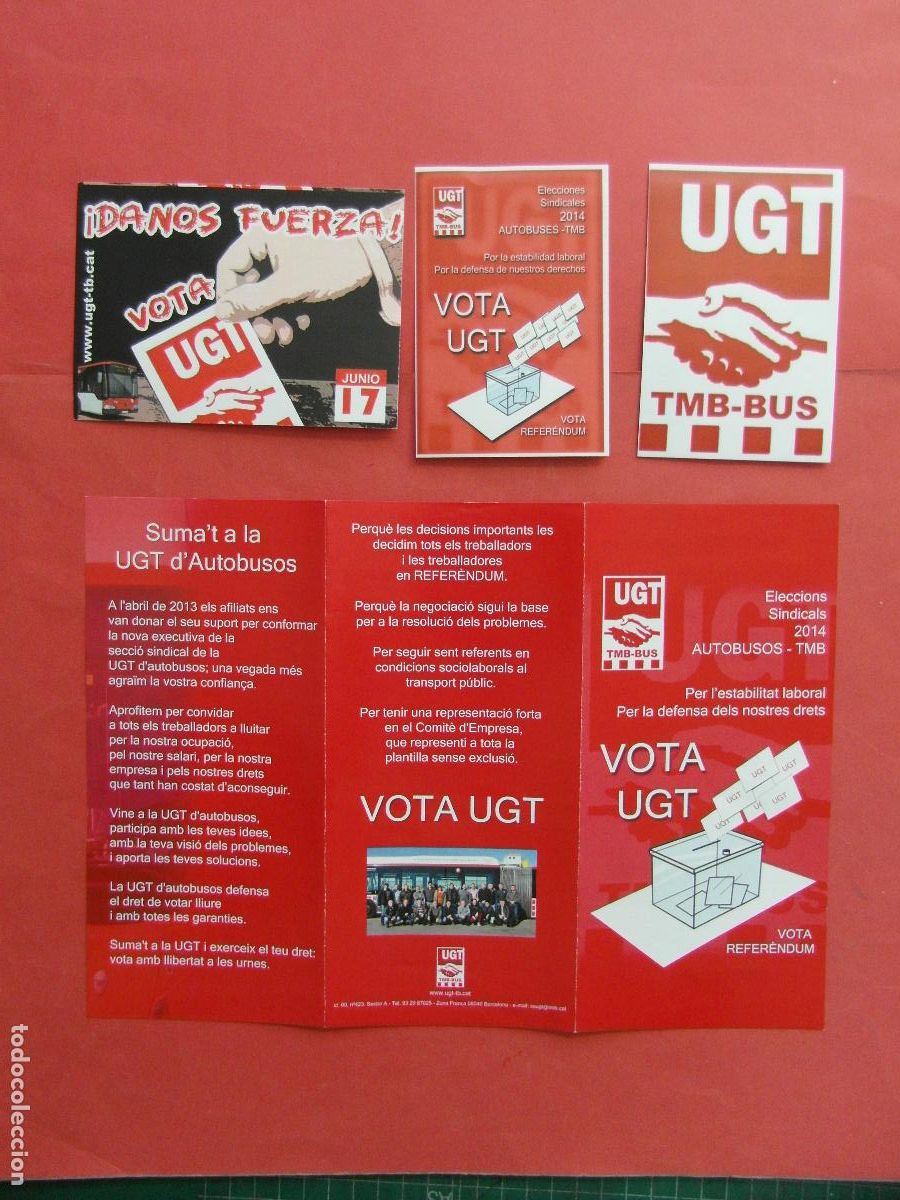Pegatinas de colecci&oacute;n: REF: BCN100 COL. TRANSPORTE SINDICATO UGT AUTOBUSES FOLLETO Y 3 ADHESIVOS NUEVOS LEEIN