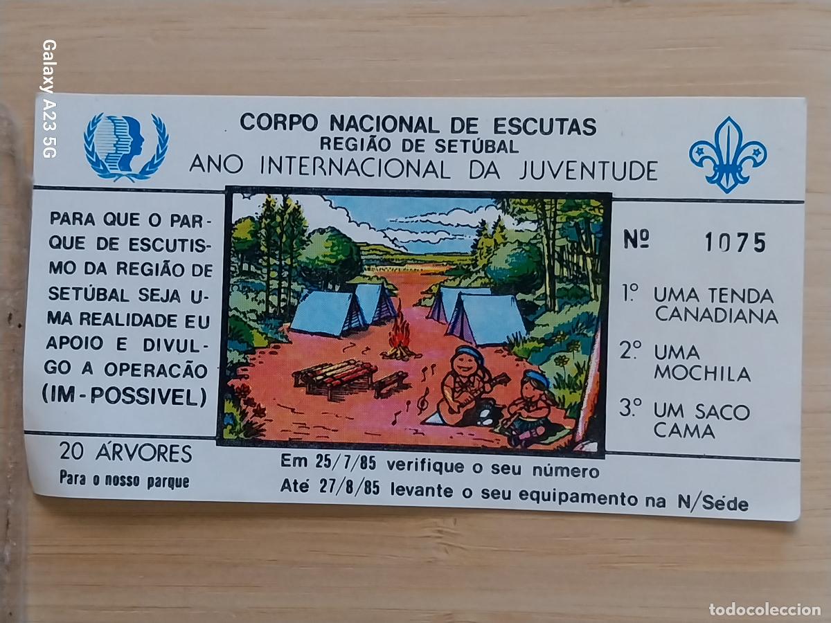 Pegatinas de colecci&oacute;n: SCOUTS GRUPO ESCUTAS SETUBAL 1985 SORTEO PEGATINA 12.2X6.5CMS ** ADHESIVO ACAMPADA MONTA&Ntilde;ISMO