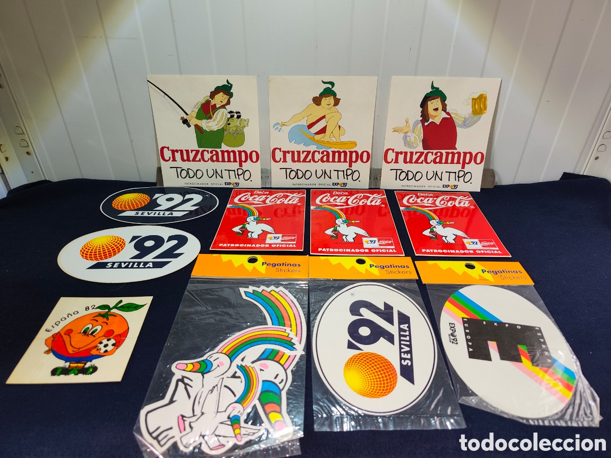 Pegatinas de colecci&oacute;n: Lote Coleccionismo Pegatinas Expo &rsquo;92 Sevilla y Espa&ntilde;a &rsquo;82 (Curro, Naranjito, Cruzcampo, Coca-Cola)