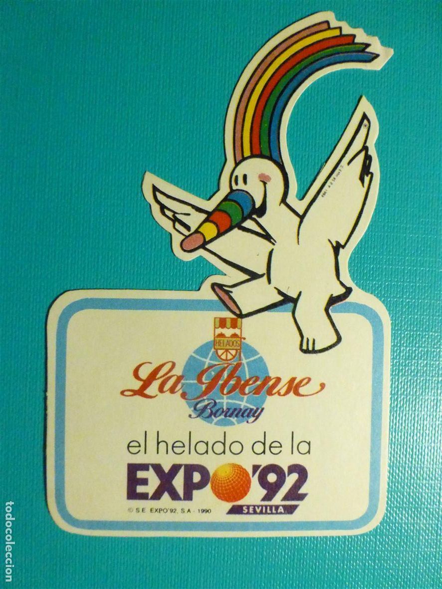 Pegatinas de colecci&oacute;n: Pegatina Adhesiva Tiendas Alimentaci&oacute;n A&ntilde;os 90&acute;s - Helados La Ibense - Expo&acute;92 - 6,5 x 9,5 cm.