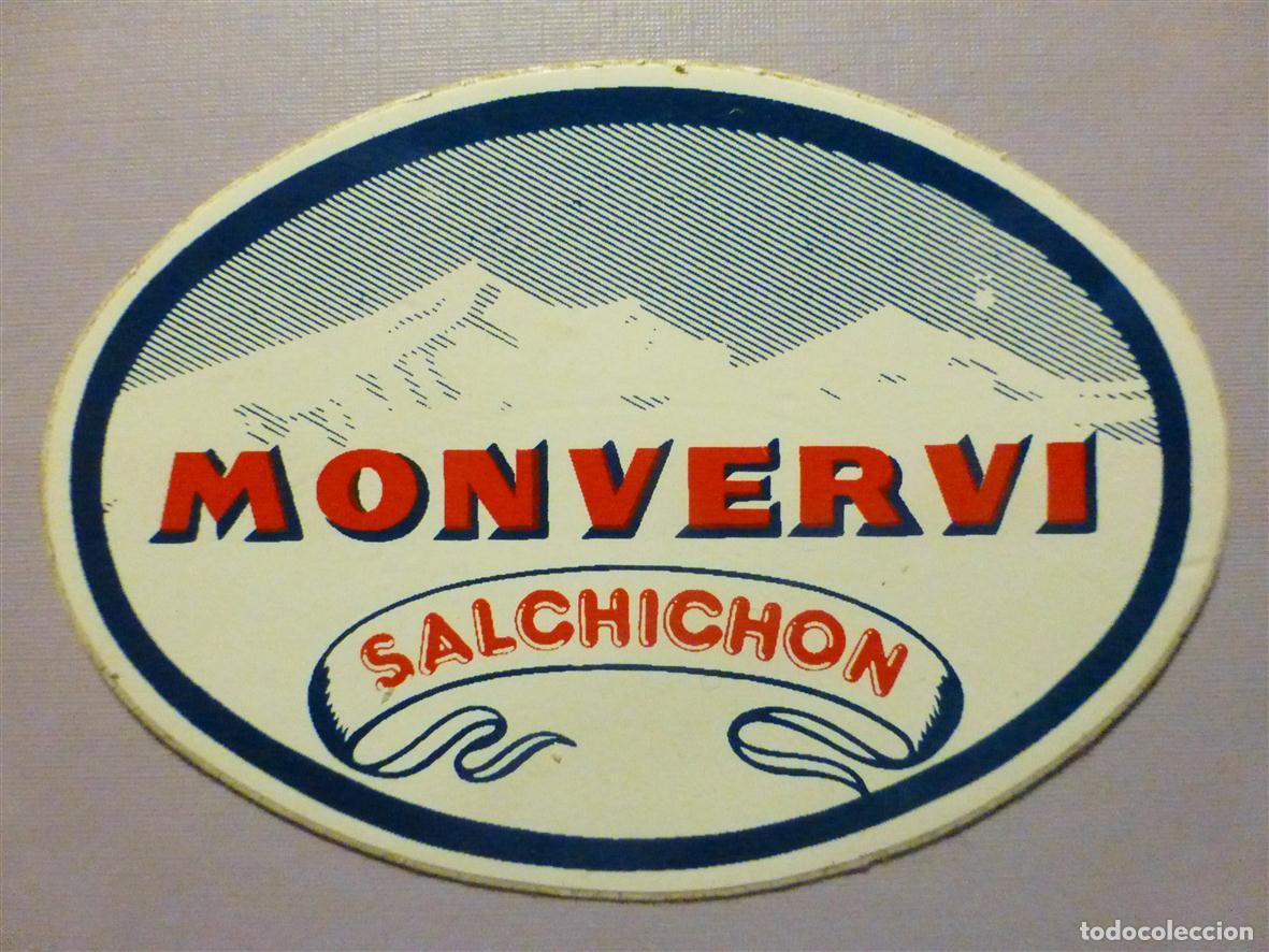 Autocolantes de cole&ccedil;&atilde;o: Pegatina Adhesiva Alimentaci&oacute;n - Salchich&oacute;n Monvervi - Escudo - 7 x 5 cm.