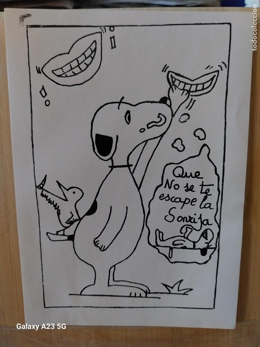 Pegatinas de colecci&oacute;n: ILUSTRACION TIPO SNOOPY CASERO PEGATINA *** QUE NO SE TE ESCAPE LA SONRISA A&Ntilde;OS 70 13.7X9.8CMS *--