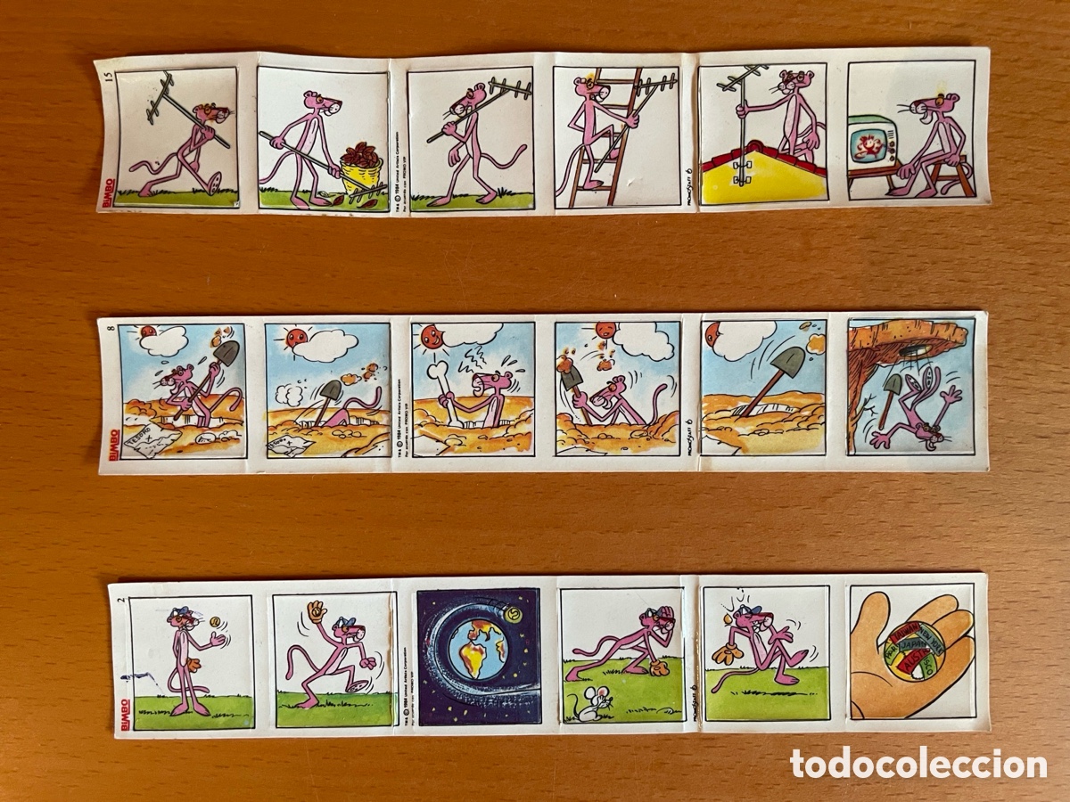 Pegatinas de colecci&oacute;n: Bimbo Pantera Rosa &mdash; Lote de 3 tiras de cromos adhesivos n&ordm; 2, 8 y 15 &mdash; Copyright 1984