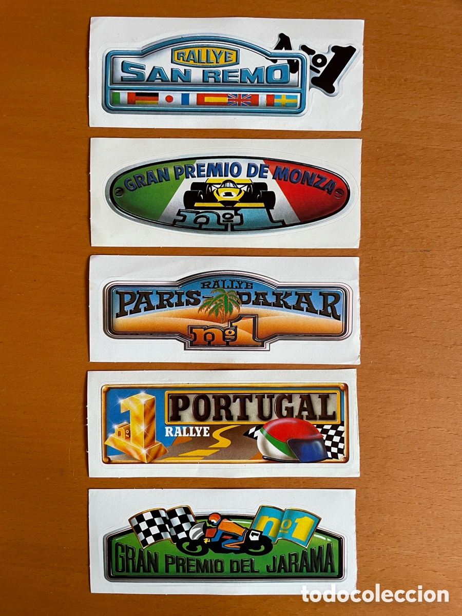 Pegatinas de colecci&oacute;n: Lote 5 pegatinas motor N&ordm; 1 &ndash; San Remo, Monza, Par&iacute;s-Dakar, Portugal y Jarama &ndash; Posible Donettes