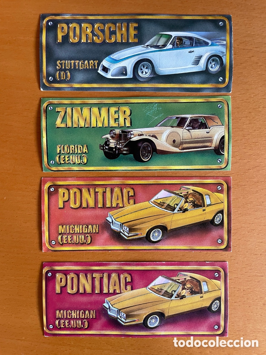 Pegatinas de colecci&oacute;n: Lote 4 tiras adhesivas de coches Porsche, Zimmer y Pontiac &mdash; Donettes a&ntilde;os 90