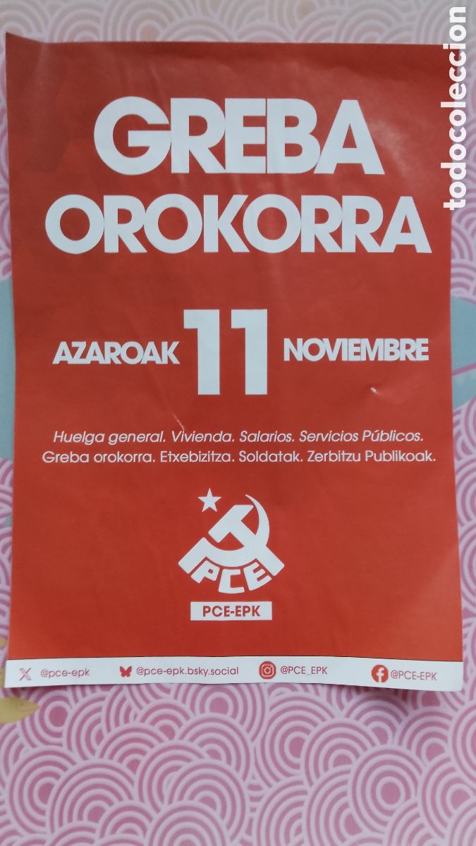 Pegatinas de colecci&oacute;n: PCE-EPK . GREBA OROKORRA . AZAROAK 11 NOVIEMBRE. HUELGA GENERAL . PARTIDO COMUNISTA ESP . PEGATINA .