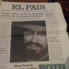 Coleccionismo de Periódico El País: DIARIO EL PAÍS. 7 DE SEPTIEMBRE DE 2007. MUERTE DE PAVAROTTI EN PORTADA.. Lote 17317635