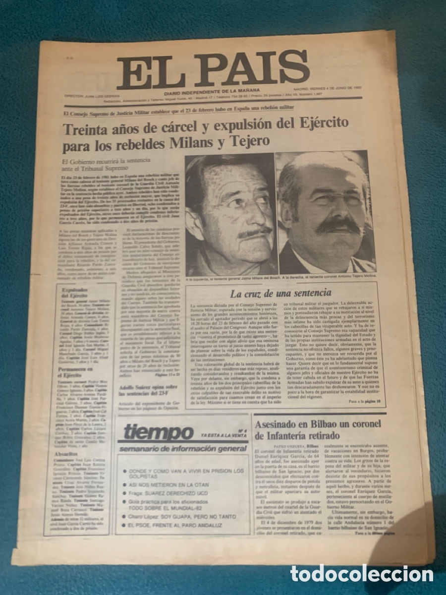 Collezionismo di Peri&oacute;dico El Pa&iacute;s: Especial golpe de estado 23 F diario el pais milans y tejero 4 junio 1982