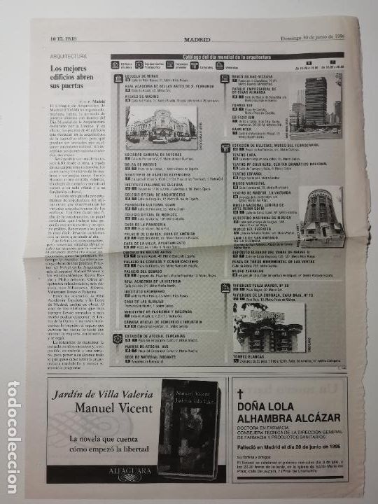 Collectionnisme de Journal El Pa&iacute;s: Recorte Los mejores edificios abren sus puertas D&iacute;a Mundial de la Arquitectura Madrid 1996