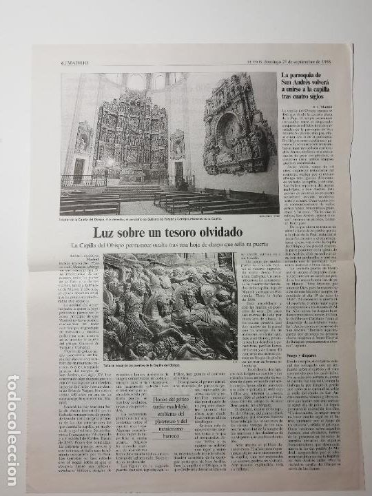 Collectionnisme de Journal El Pa&iacute;s: Recorte Luz sobre un tesoro olvidado Capilla del Obispo Madrid Arquitectura 1998