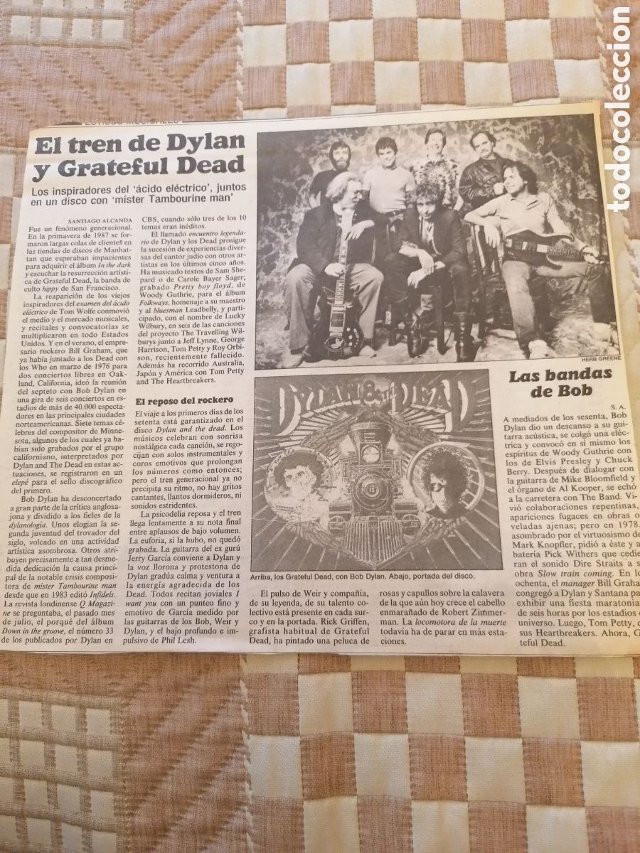Coleccionismo de Peri&oacute;dico El Pa&iacute;s: Art&iacute;culo Original El Pa&iacute;s 1988 Bob Dylan & Grateful Dead. Santiago Alcanda.