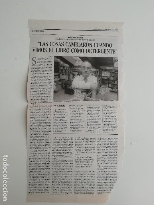 Colecionismo do Jornal El Pa&iacute;s: Recorte Valeriano Garc&iacute;a Librer&iacute;a Estudio Libreros 2002 Literatura