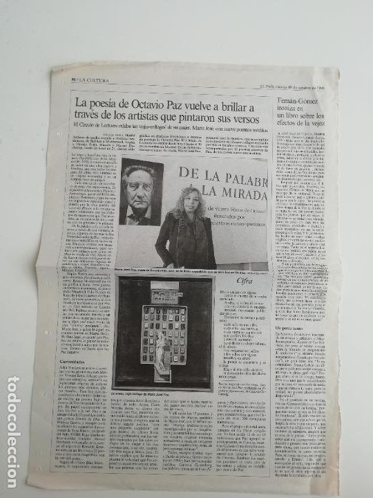 Colecionismo do Jornal El Pa&iacute;s: Recorte Octavio Paz Cajas Collages C&iacute;rculo de Bellas Artes Jos&eacute; Hierro Premio Nacional Poes&iacute;a 1999