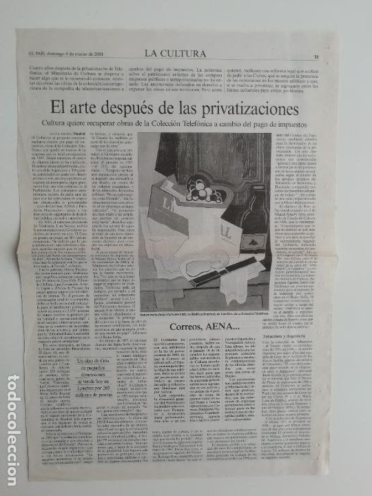 Colecionismo do Jornal El Pa&iacute;s: Recorte Compra colecciones art&iacute;sticas empresas privatizadas Telef&oacute;nica AENA Colosos Bamiyan 4 3 2001