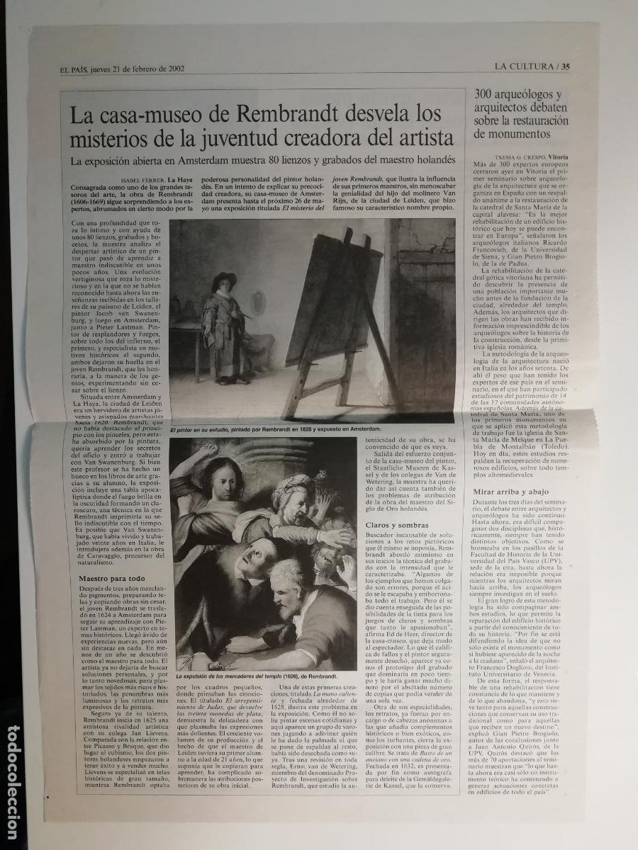Collezionismo di Peri&oacute;dico El Pa&iacute;s: Recorte Casa museo Rembrandt Debate arquelog&iacute;a arquitectura Vitoria Pedro del Hierro 21 II 2002