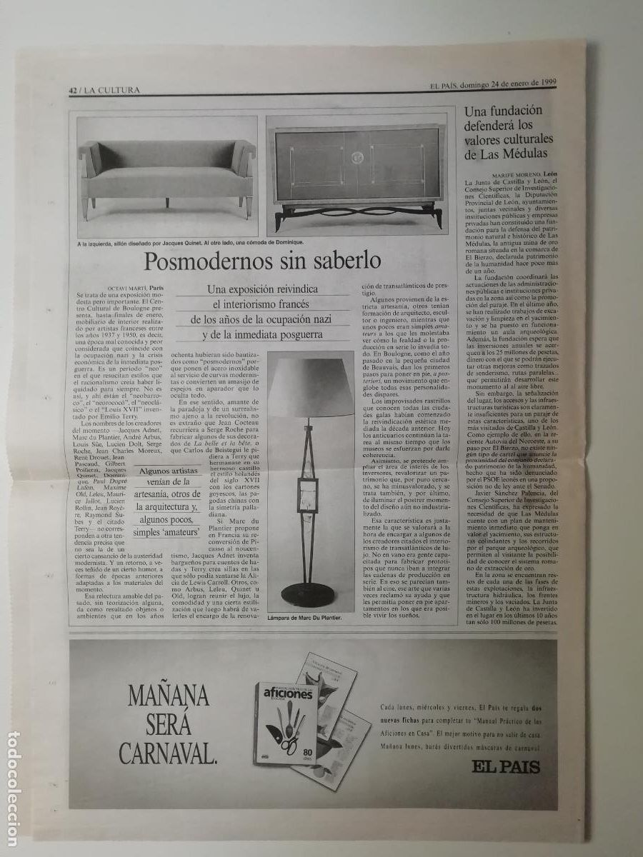 Collezionismo di Peri&oacute;dico El Pa&iacute;s: Recorte Posmodernos sin saberlo Interiorismo franc&eacute;s Octavi Mart&iacute; Artes decorativas Las M&eacute;dulas 1999