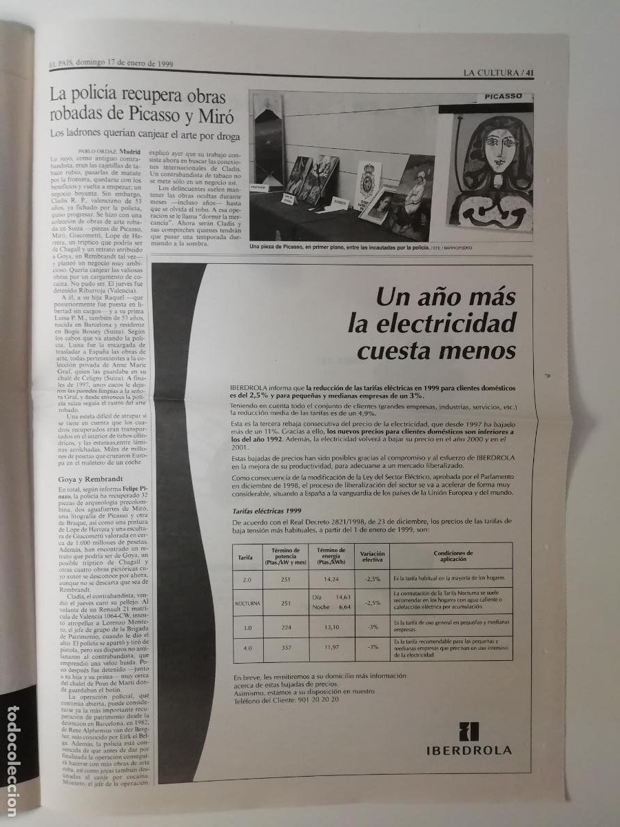 Collezionismo di Peri&oacute;dico El Pa&iacute;s: Recorte Robo obras de arte Picasso y Mir&oacute; Editorial Larga duraci&oacute;n Santos Juli&aacute; 17 enero 1999