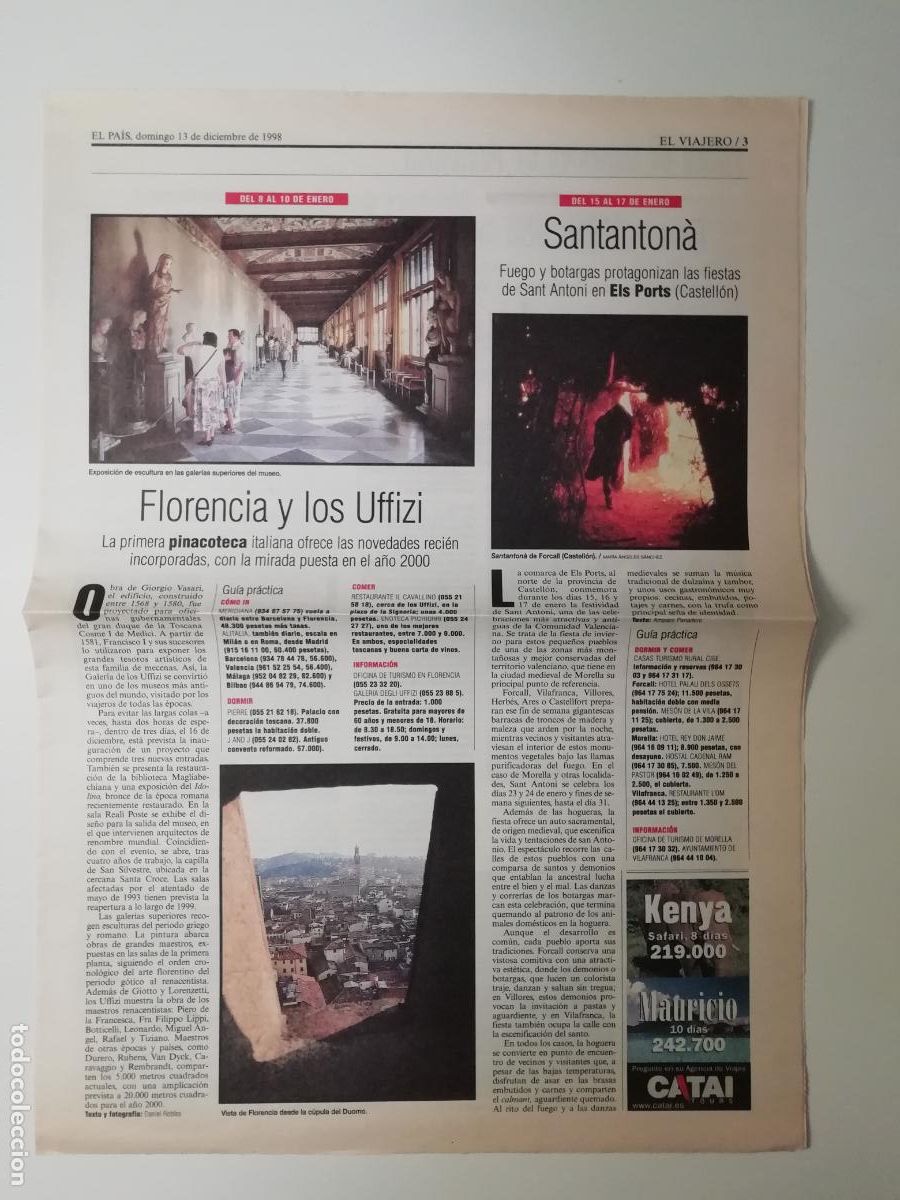 Collezionismo di Peri&oacute;dico El Pa&iacute;s: Recorte Florencia y los Uffizi Sananton&agrave; M&uacute;nich Abdicaci&oacute;n Luis I El viajero 13 diciembre 1998