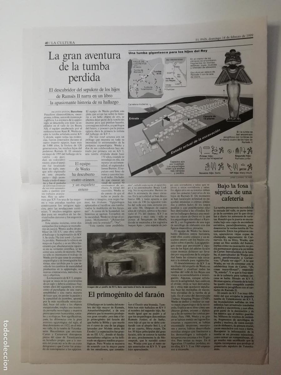 Collezionismo di Peri&oacute;dico El Pa&iacute;s: Recorte Tumba hijos Rams&eacute;s II Compras Arqueolog&iacute;a ARCO Arte Madrid 14 febrero 1999