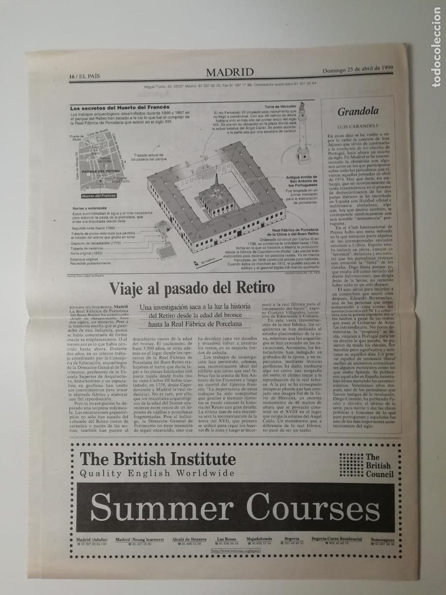 Collection Newspaper El Pa&iacute;s: Recorte Real F&aacute;brica Porcelana Buen Retiro y Yacimiento Edad Bronce Parque Retiro Madrid 1999