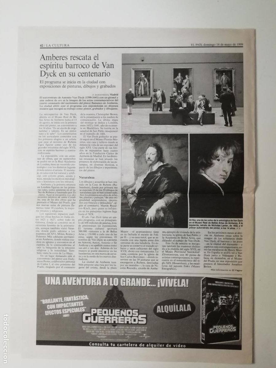 Coleccionismo de Peri&oacute;dico El Pa&iacute;s: Recorte Centenario Anton van Dyck Amberes Museo Barroco Madrid 1999