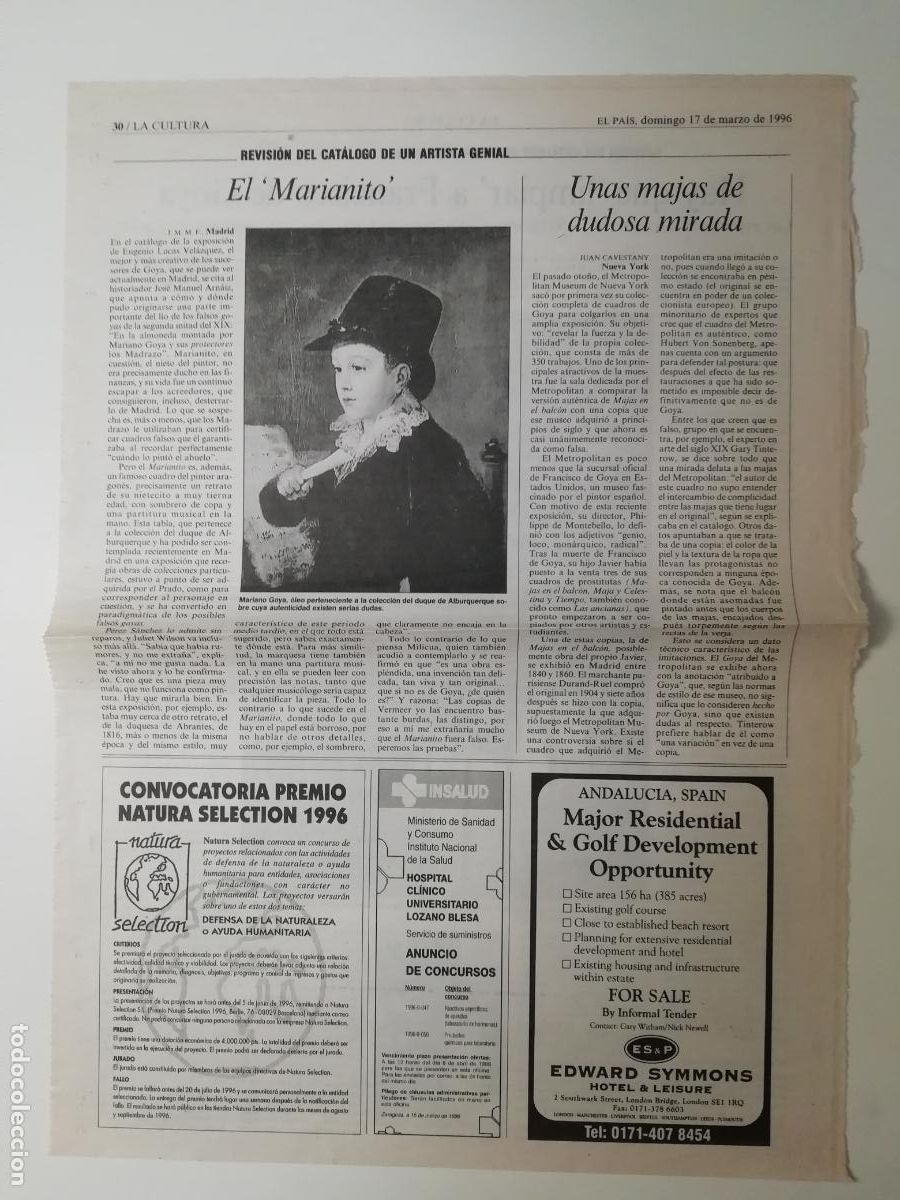 Collection Newspaper El Pa&iacute;s: Recorte Revisi&oacute;n cat&aacute;logo Francisco de Goya El Marianito Unas majas de dudosa mirada 1999