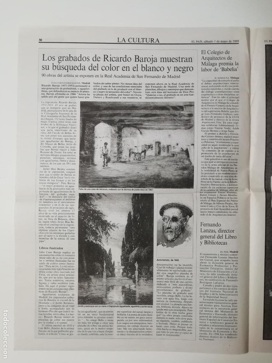 Collection Newspaper El Pa&iacute;s: Recorte Grabados Ricardo Baroja Fernando Lanzas Gracia Montes 1999