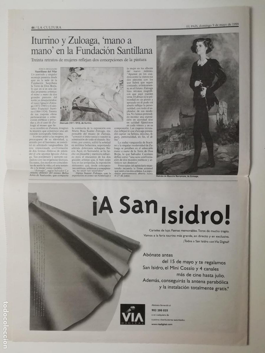 Coleccionismo de Peri&oacute;dico El Pa&iacute;s: Recorte Expo Francisco Iturrino e Ignacio Zuloaga Retratos mujeres Pintura Fundaci&oacute;n Santillana 1999