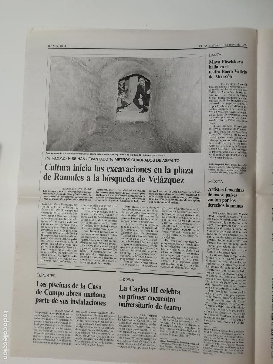 Collection Newspaper El Pa&iacute;s: Recorte Enterramientos Iglesia de San Juan Plaza Ramales Madrid Diego de Vel&aacute;zquez 1999