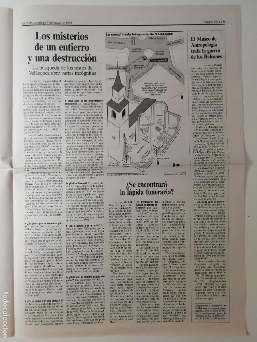 Collection Newspaper El Pa&iacute;s: Recorte Enterramientos Iglesia de San Juan Plaza Ramales Madrid Vel&aacute;zquez Rafael Amor canci&oacute;n 1999