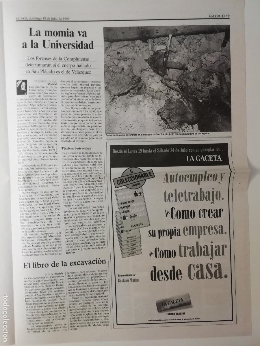 Collection Newspaper El Pa&iacute;s: Recorte Exumaci&oacute;n Vel&aacute;zquez San Pl&aacute;cido Alicia Moreno Consejera Cultura Comunidad Madrid 1999