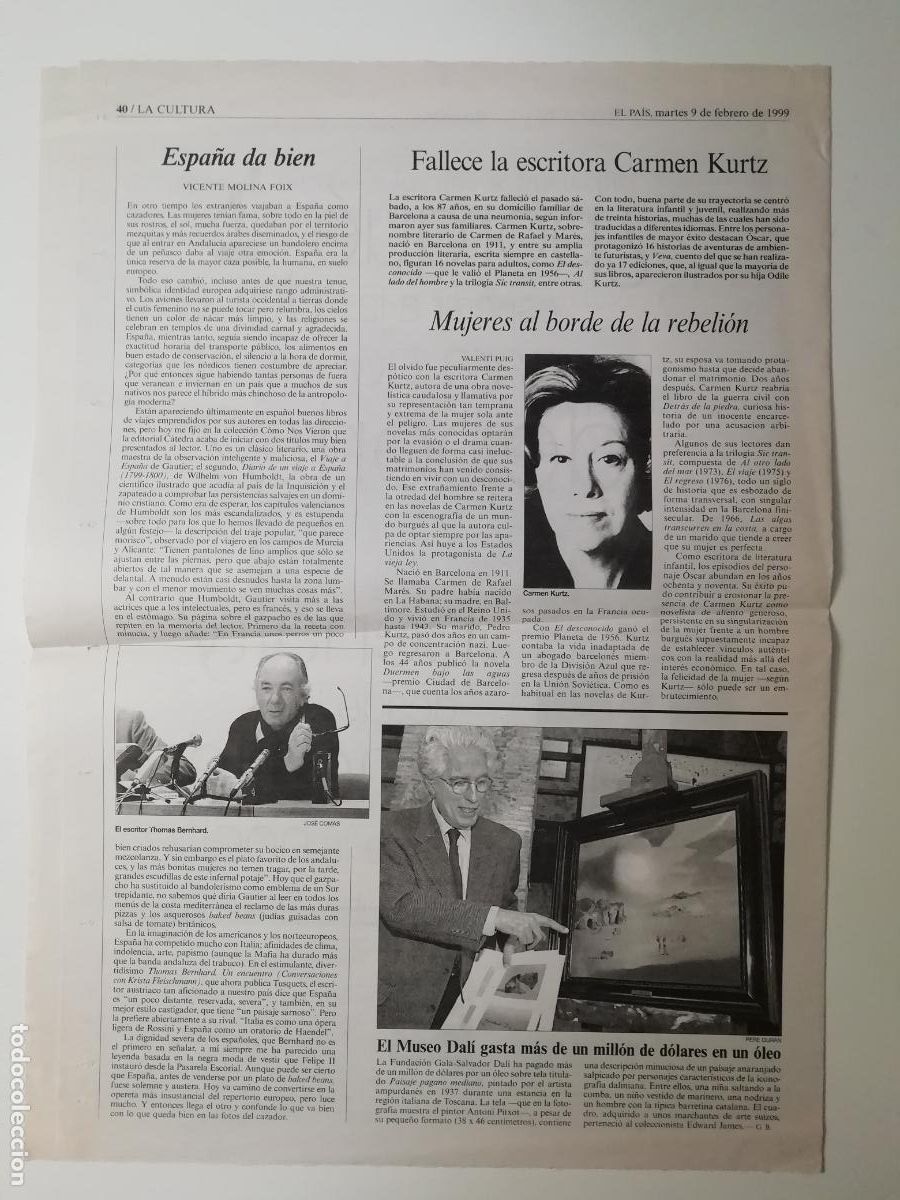 Collection Newspaper El Pa&iacute;s: Recorte Adquisici&oacute;n Museo Dal&iacute; Fallecimiento Carmen Kurtz Vicente Molina Fox Madrid 1999