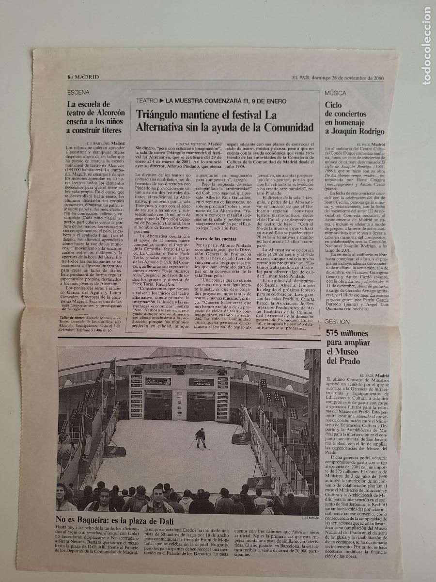 Coleccionismo de Peri&oacute;dico El Pa&iacute;s: Sala Tri&aacute;ngulo Ampliaci&oacute;n Museo del Prado Escuela Teatro Alcorc&oacute;n Homenaje Joaqu&iacute;n Rodrigo 2000
