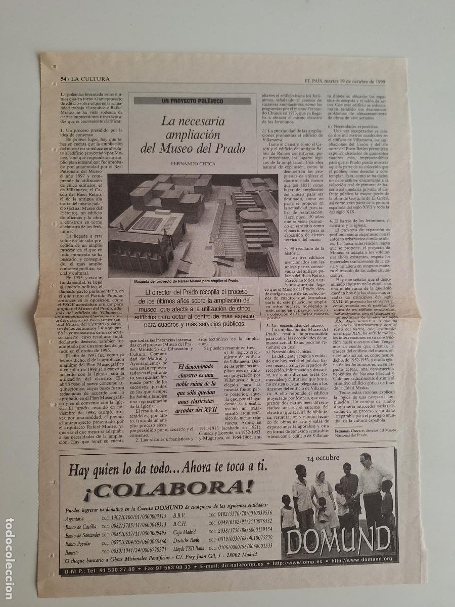 Coleccionismo de Peri&oacute;dico El Pa&iacute;s: La necesaria ampliaci&oacute;n del Museo del Prado Fernando Checa Madrid 1999