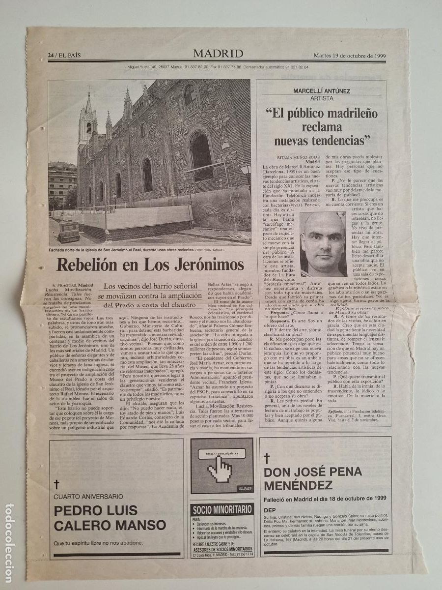 Coleccionismo de Peri&oacute;dico El Pa&iacute;s: Reveli&oacute;n en Los Jer&ograve;nimos Museo del Prado Marcel&middot;l&iacute; Ant&uacute;nez Madrid 1999