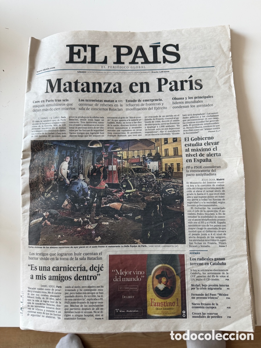 Coleccionismo de Peri&oacute;dico El Pa&iacute;s: Peri&oacute;dico El Pa&iacute;s 2015. Atentados en Par&iacute;s.