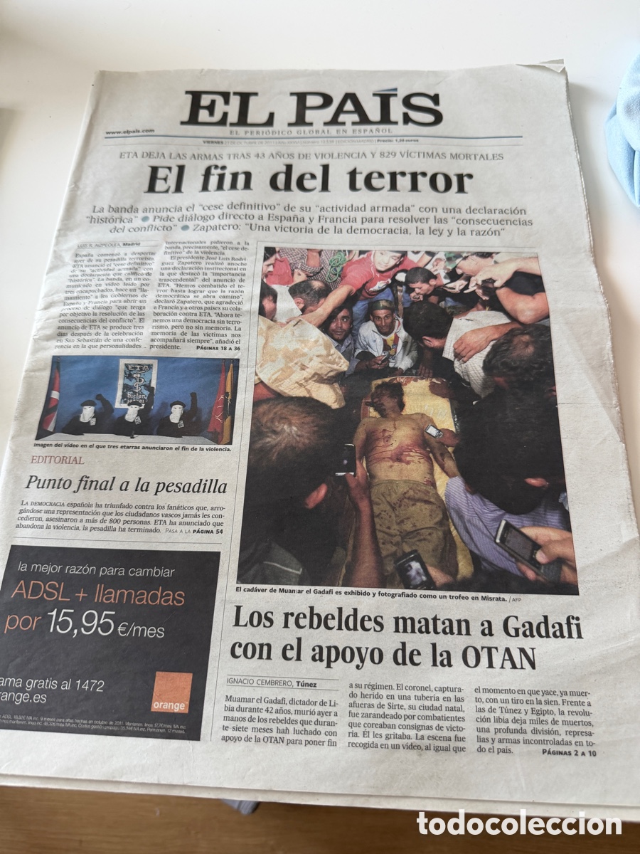 Coleccionismo de Peri&oacute;dico El Pa&iacute;s: Diario el Pa&iacute;s del 21 de Octubre de 2011. ETA deja las armas.