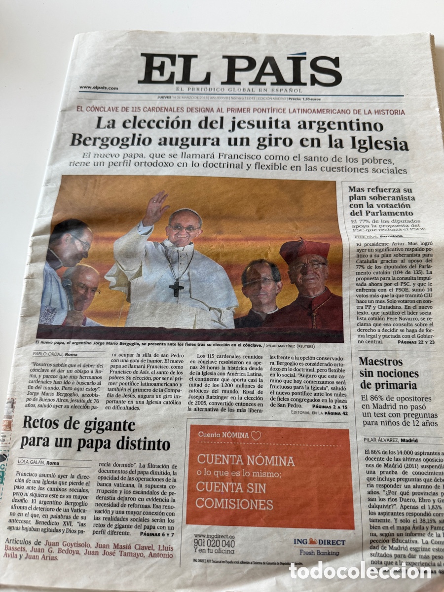 Coleccionismo de Peri&oacute;dico El Pa&iacute;s: Diario El Pa&iacute;s. Jueves 14 de marzo de 2013. Elecci&oacute;n del Papa Francisco.
