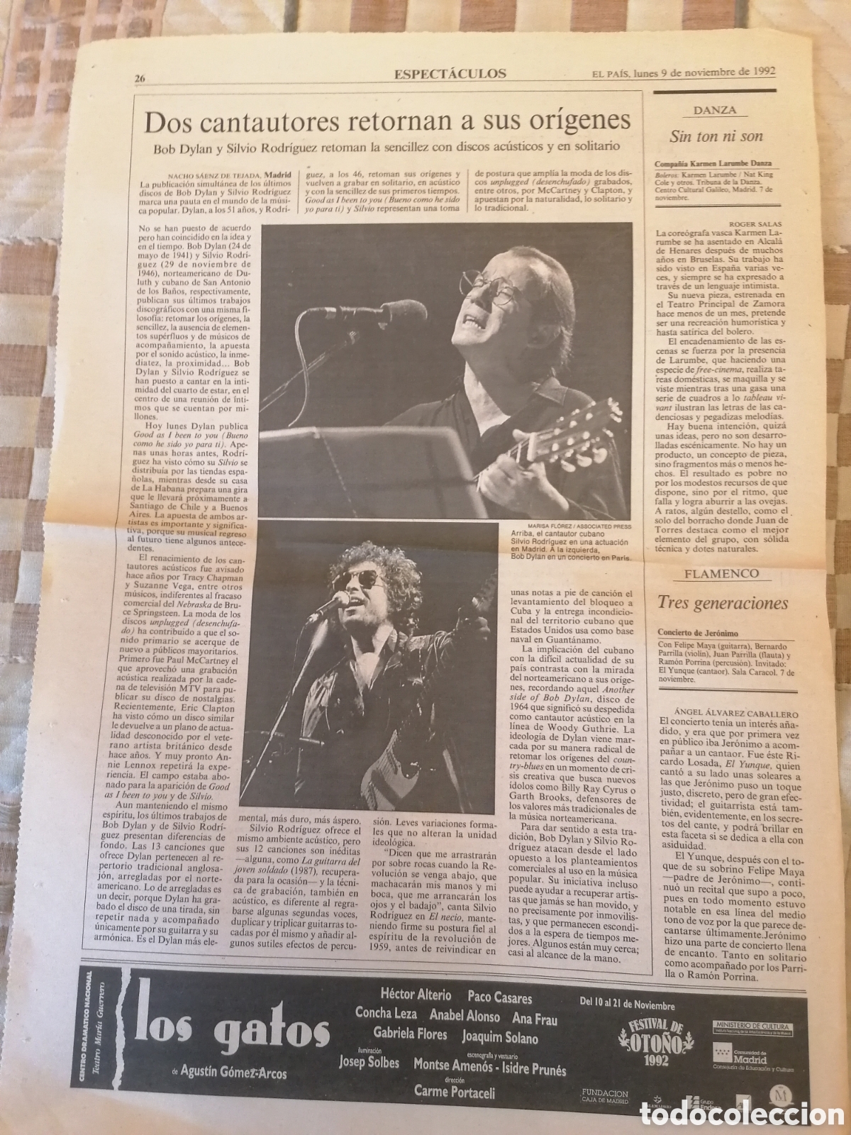 Coleccionismo de Peri&oacute;dico El Pa&iacute;s: P&aacute;gina Diario El Pa&iacute;s, Bob Dylan, Silvio Rodriguez. Dos Cantautores Retornan A Sus Origenes.1992