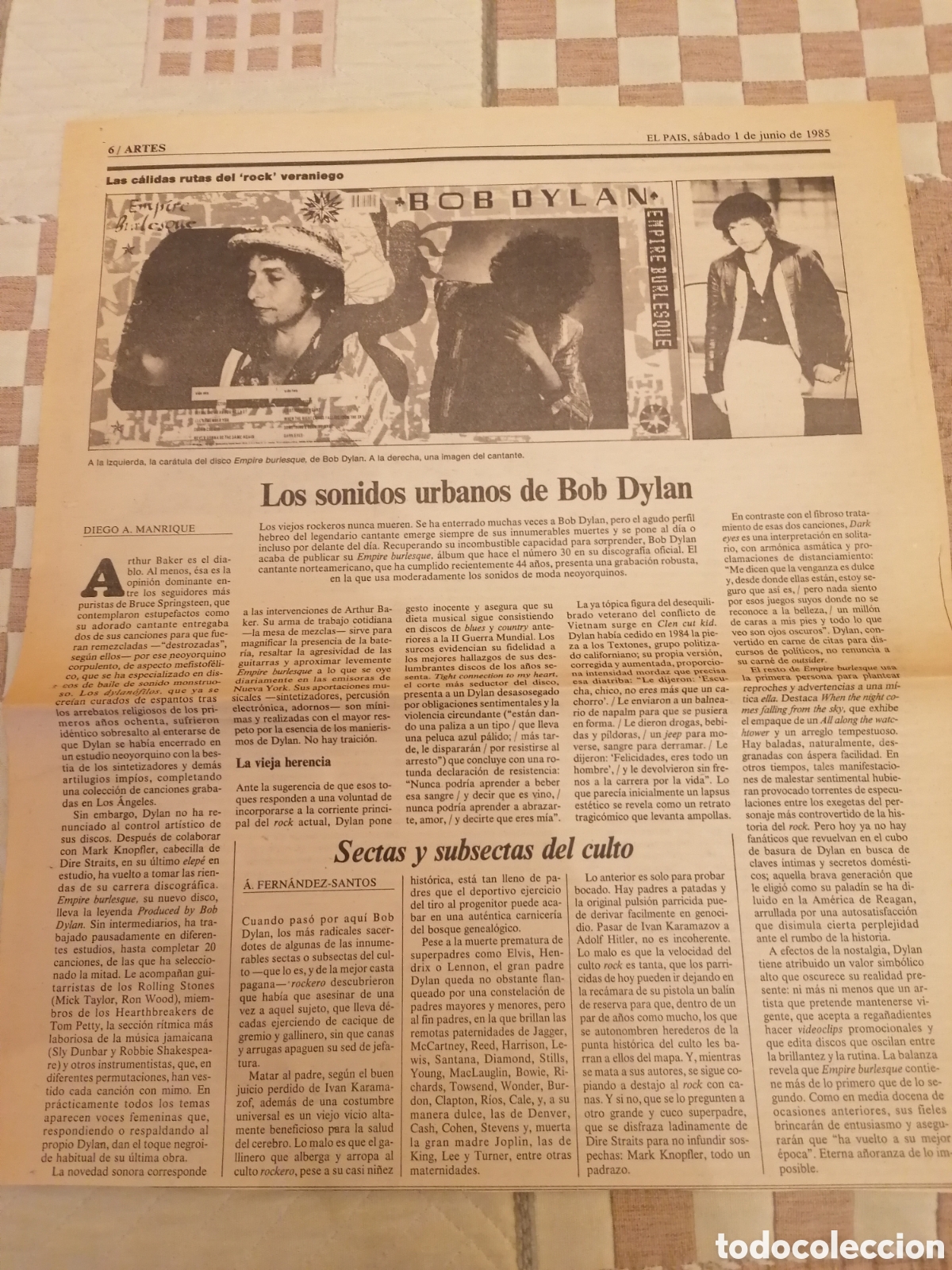 Coleccionismo de Peri&oacute;dico El Pa&iacute;s: P&aacute;gina Diario Espa&ntilde;ol El Pa&iacute;s. Los Sonidos Urbanos De Bob Dylan.Rese&ntilde;a Disco Empire Burlesque.1985.