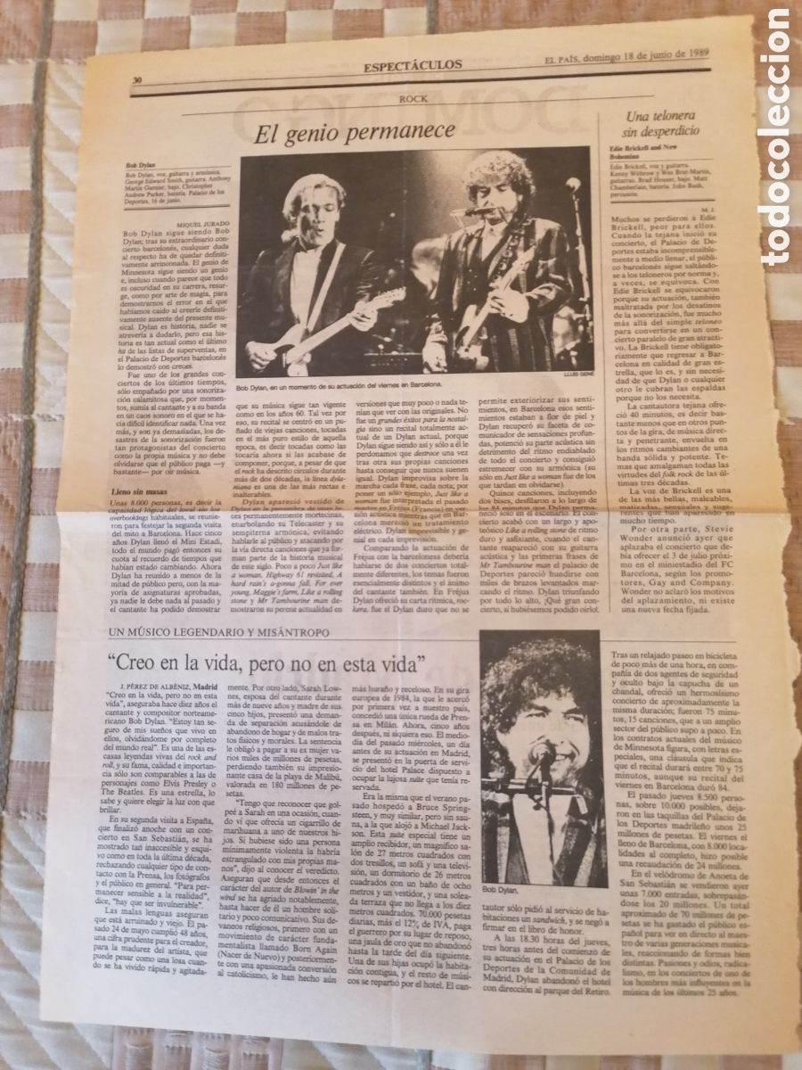Coleccionismo de Peri&oacute;dico El Pa&iacute;s: P&aacute;gina El Pa&iacute;s 18 Junio 1989. Concierto Bob Dylan Barcelona.