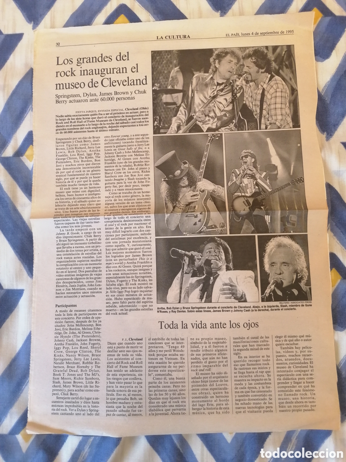 Coleccionismo de Peri&oacute;dico El Pa&iacute;s: El Pa&iacute;s, 4/9/95. Inauguraci&oacute;n Rock & Roll Hall Of Fame Museum.Bruce Springsteen,Bob Dylan,Slash...