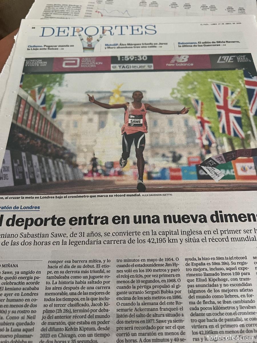 Coleccionismo de Peri&oacute;dico El Pa&iacute;s: Art&iacute;culo sobre SABASTIAN SAWE. MARAT&Oacute;N. RECORD DEL MUNDO. ATLETISMO