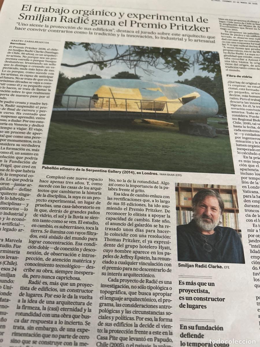 Coleccionismo de Peri&oacute;dico El Pa&iacute;s: Art&iacute;culo sobre SMILJAN RADIC. PREMIO PRITZKER. ARQUITECTURA.