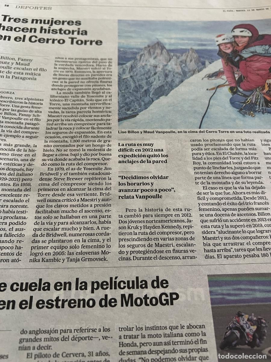Coleccionismo de peri&oacute;dico El Pa&iacute;s: Art&iacute;culo sobre LISE BILLON FANNY SCHMUTZ MAUD VANPOULLE CERRO TORRE ALPINISMO MONTA&Ntilde;ISMO GOGORZA