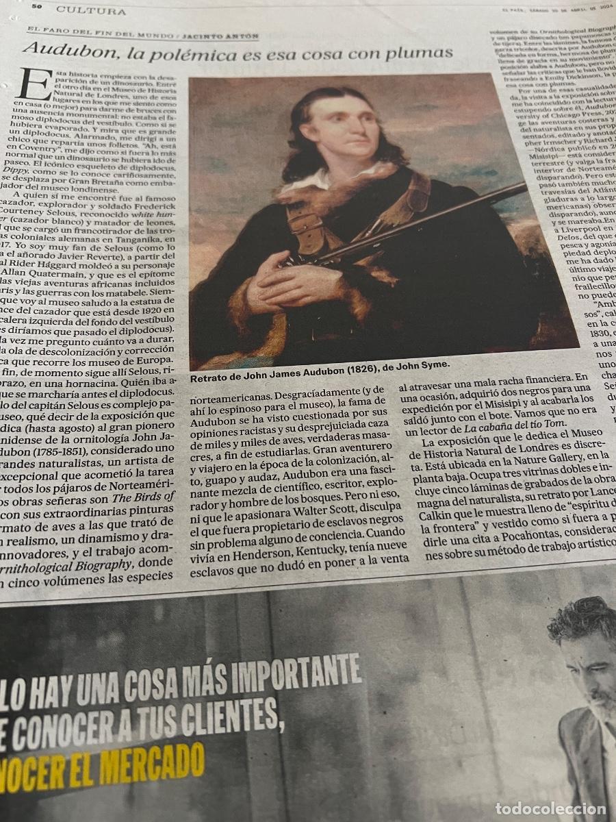 Coleccionismo de peri&oacute;dico El Pa&iacute;s: Art&iacute;culo sobre JOHN JAMES AUDUBON DE JOHN SYME. JACINTO ANT&Oacute;N.
