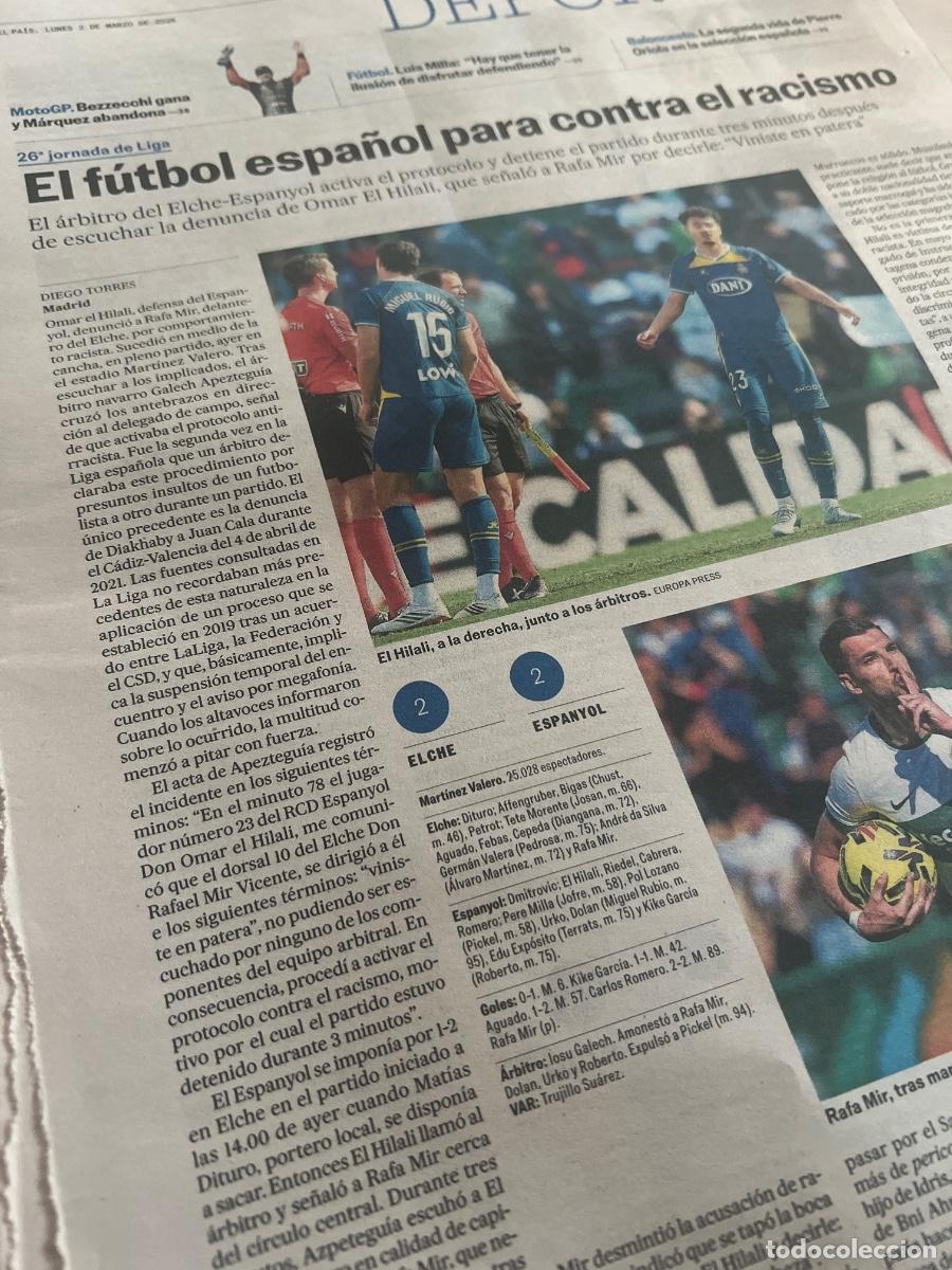 Coleccionismo de peri&oacute;dico El Pa&iacute;s: Art&iacute;culo sobre RAFA MIR. RACISMO EN EL F&Uacute;TBOL ESPA&Ntilde;OL