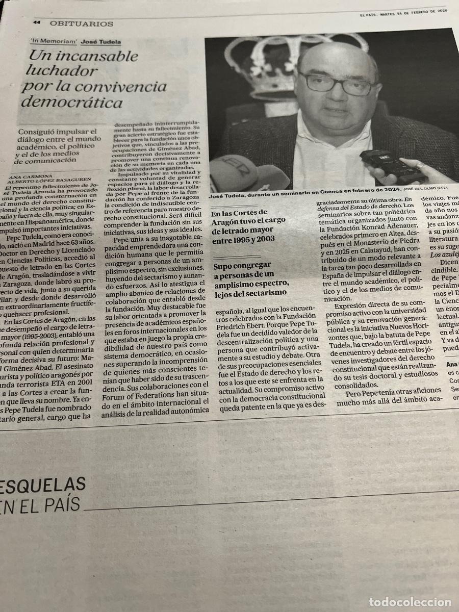 Colecionismo do Jornal El Pa&iacute;s: Art&iacute;culo sobre JOS&Eacute; TUDELA. DERECHO CONSTITUCIONAL. CIENCIA POL&Iacute;TICA.
