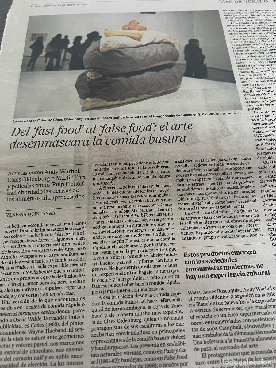 Coleccionismo de peri&oacute;dico El Pa&iacute;s: Art&iacute;culo prensa sobre ARTE DEL FAST FOOD AL FALSE FOOD CLAES OLDENBURG WARHOL PULP FICTION